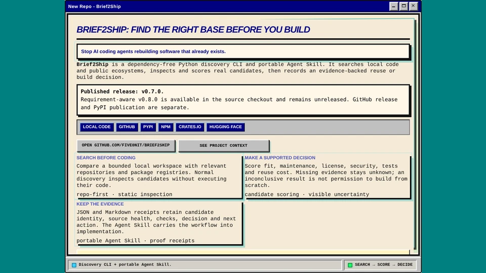 Brief2Ship discovery CLI and portable Agent Skill project overview