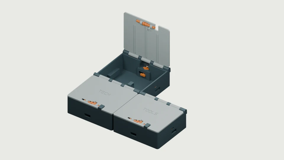 Render of actual Field Kit CAD meshes showing joined modular cases, captive mechanisms and an open lid; not a physical print