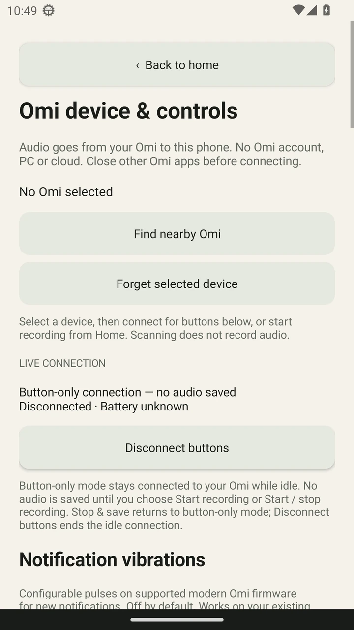 NotTheOmiAIApp device-controls screenshot: device discovery, button-only connection and notification vibration settings