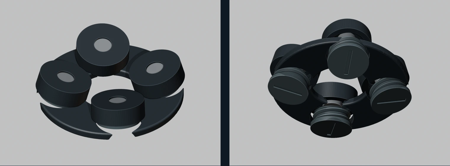 Actual v5 CAD render: four tilted magnet sockets at the front and removable screw cups at the back