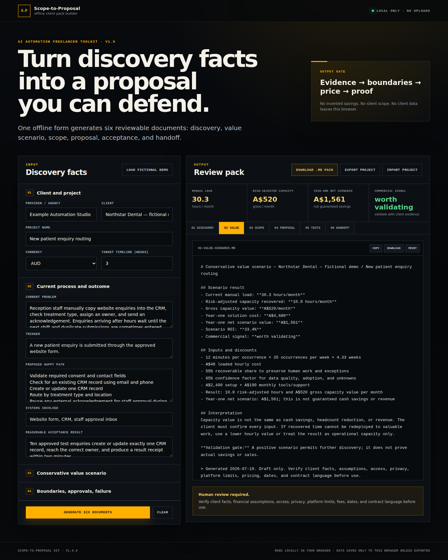 Offline Scope-to-Proposal app showing discovery inputs, value scenario, and generated document tabs