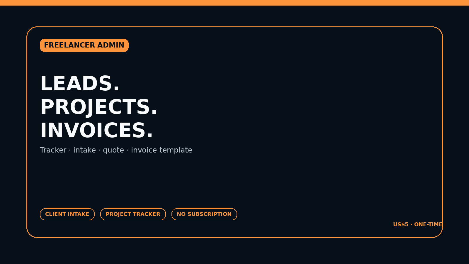 Freelancer Client Admin Starter Kit cover with lead, project, invoice, and follow-up workflow