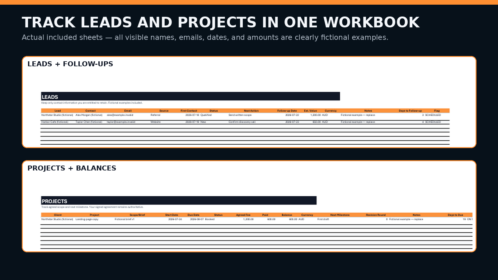 Real starter-kit workbook preview showing lead, project, and invoice tracker columns