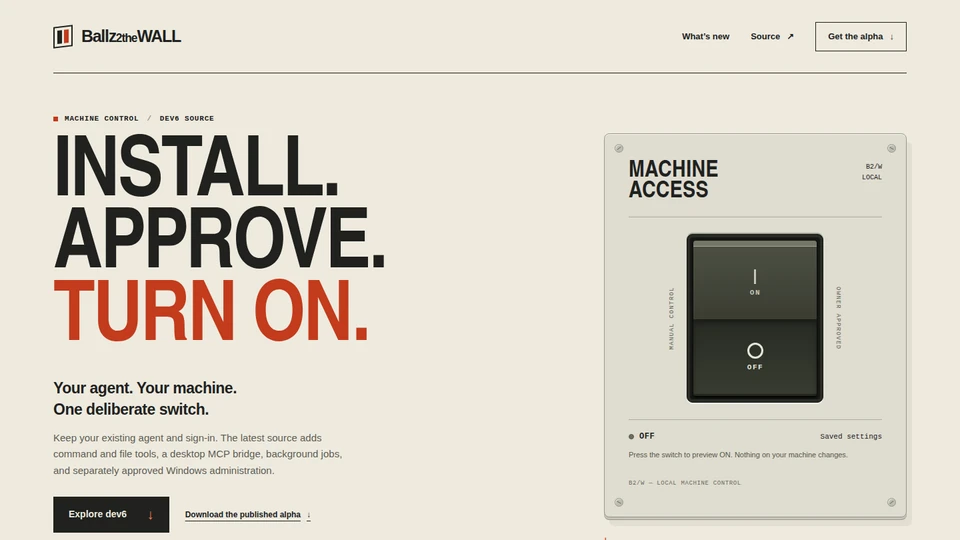 Ballz2theWALL public product website showing managed machine access for existing agents