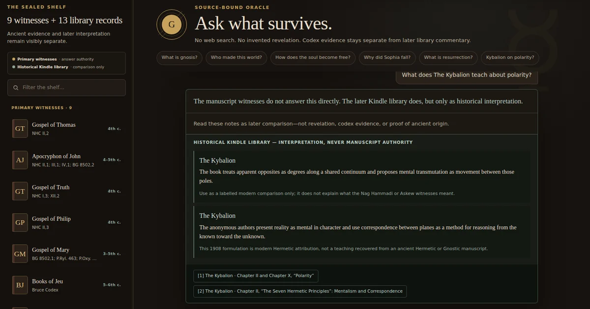 Gnostobot showing a historical Kindle commentary answer kept separate from manuscript authority