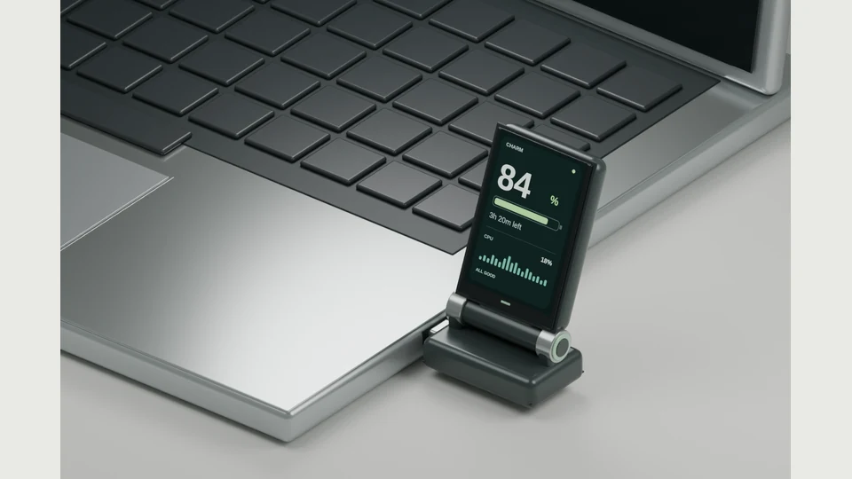 Original Blender concept render of a hinged laptop-side information display; illustrative screen, not built hardware
