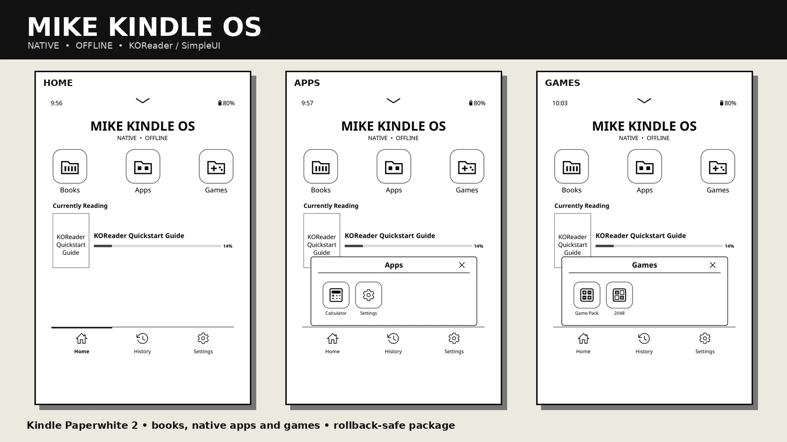Mike Kindle OS native offline home, apps, and games interface