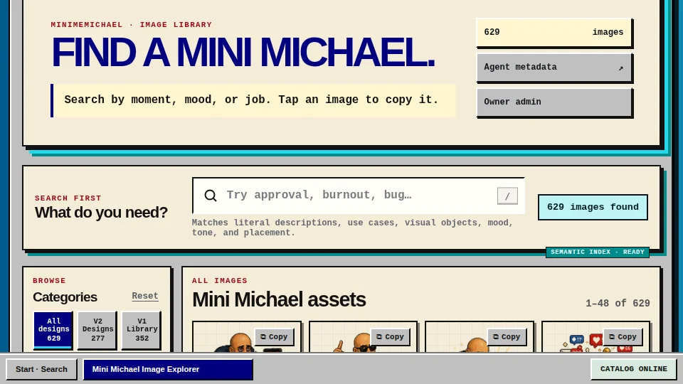 Live Mini Michael image-library interface with semantic search and catalog status