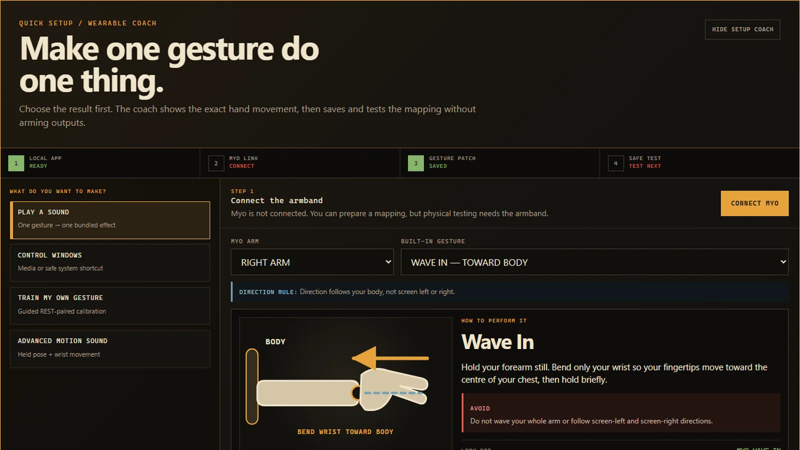 Myo Patchbay wearable coach showing a Wave In gesture mapping workflow