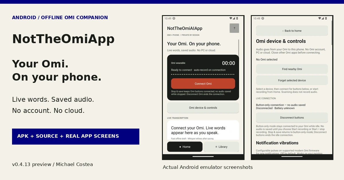 Actual NotTheOmiAIApp Android Home and device-controls screenshots, composed with the app name