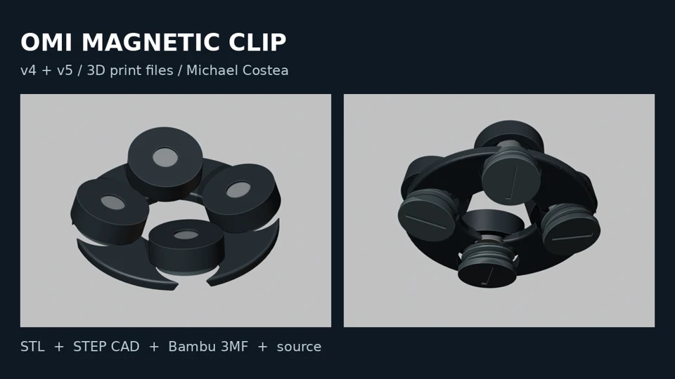 Actual CAD front and rear views of the Omi magnetic clip, with v4 and v5 print packages available