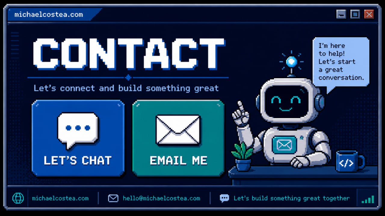Pixel art contact graphic inviting visitors to connect and build something great