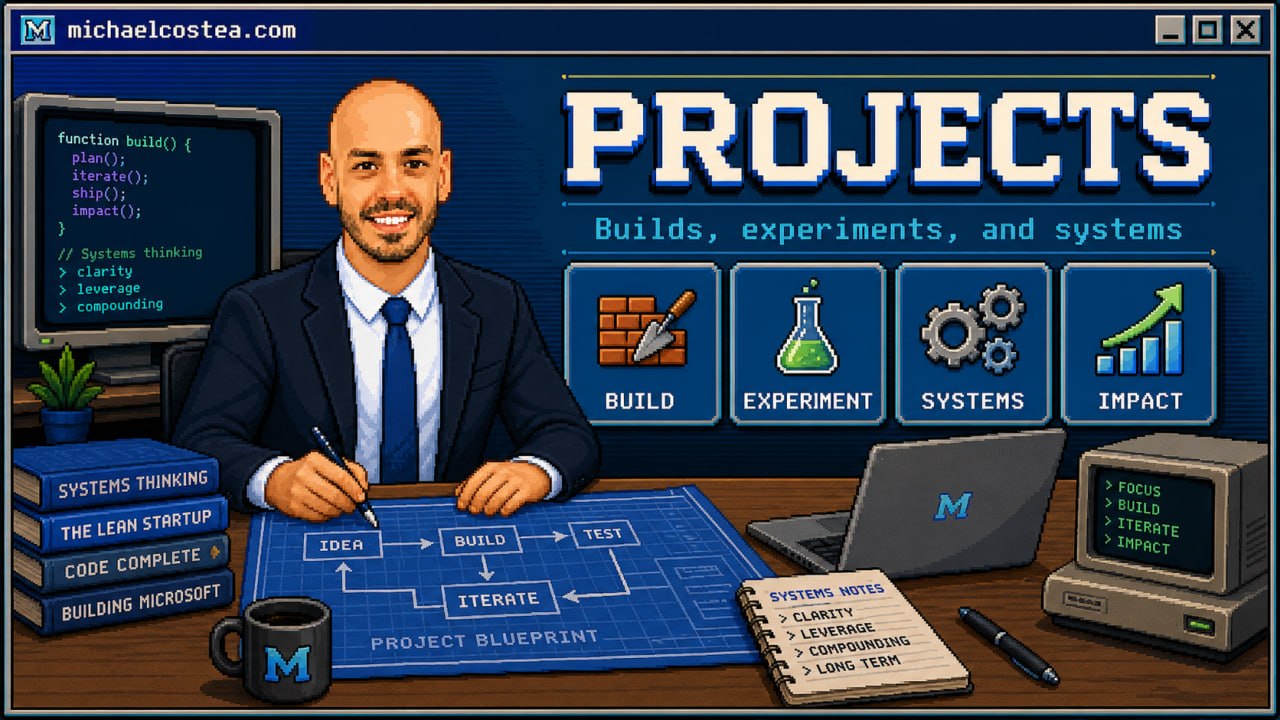Pixel art projects graphic for builds, experiments, systems, and impact