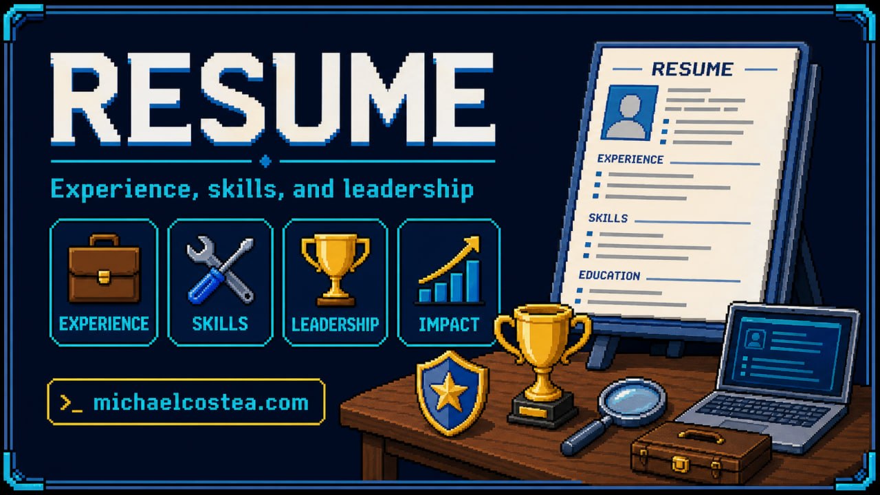 Pixel art resume graphic for experience, skills, leadership, and impact