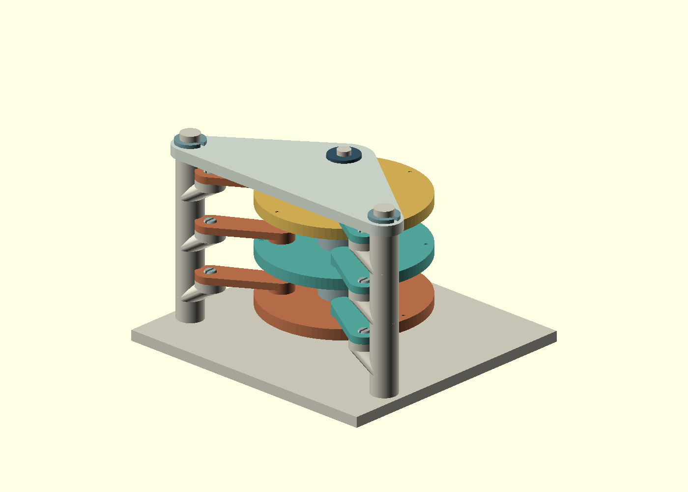 CAD render of three magnetized discs stacked between printed posts and manual gate arms